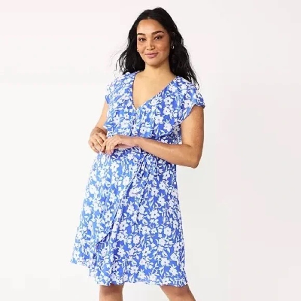 Sz M Draper James RSVP Wrap Blue White Floral Belted flutter sleeve fully lined
